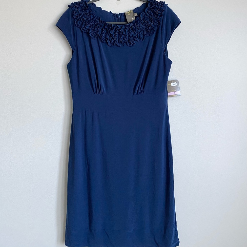 Taylor Dress Applique Navy Blue Knee Length Sheath Solid Slimming Size 6 NWT